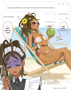 1girl alternate_costume apron beach beach_chair beatriz_(conto) bikini bracelet brown_hair brown_nails closed_eyes cocktail_umbrella conto dark-skinned_female dark_skin drink drinking_straw english_text feet_out_of_frame flat_chest floral_print floral_print_bikini flower full_body furrowed_brow hair_flower hair_ornament high_ponytail highres holding holding_drink holding_mop imagining jewelry loose_hair_strand maid maid_apron maid_headdress mop multiple_views nail_polish navel open_mouth original pink_bikini ponytail print_bikini rectangular_earrings request_inset sad sitting smile speech_bubble sunflower sunglasses swimsuit teeth tropical_drink upper_teeth_only very_long_fingernails white-framed_eyewear yellow_flower