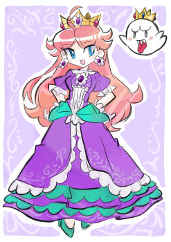 1girl absurdres blue_eyes boo_(mario) brown_hair crown dress earrings flower_earrings ghost hands_on_own_hips highres jewelry long_hair mario_(series) nintendo open_mouth princess_daisy purple_background purple_dress rakugaki_shitagari-ya sharp_teeth smile teeth