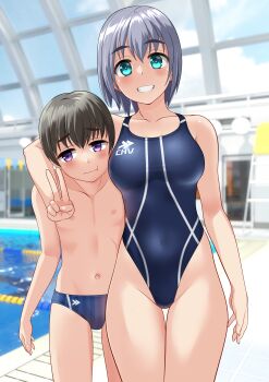 1boy 1girl absurdres age_difference aqua_eyes black_hair black_one-piece_swimsuit blue_male_swimwear commentary_request competition_swimsuit covered_navel cowboy_shot grey_hair grin highleg highleg_one-piece_swimsuit highres indoors male_swimwear multicolored_swimsuit navel one-piece_swimsuit onee-shota original pool poolside purple_eyes short_hair smile striped_male_swimwear swim_briefs swimsuit takafumi thigh_gap topless_male variant_set