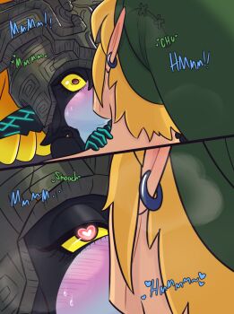 1boy 1girl aroused bad_tag blonde_hair blush closed_eyes cobatsart couple cowgirl_position cum doujinshi elf erection excited female french_kissing happy_sex heart heart-shaped_pupils heart_eyes hetero highres hug interspecies kiss link looking_at_penis male mature_female midna moaning nintendo penis penis_awe plump_ass pointy_ears pussy sex shortstack sound_effects speech_bubble straddling symbol-shaped_pupils talking testicles the_legend_of_zelda the_legend_of_zelda:_twilight_princess tongue tongue_out twili uncensored vaginal