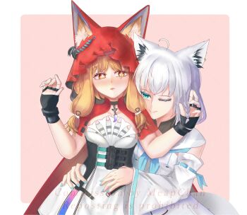 2girls absurdres animal_ear_fluff animal_ears arknights arknights:_endfield black_gloves blonde_hair blush braid commentary commission fingerless_gloves fox_ears fox_girl gloves green_eyes highres hololive hood meapchan multiple_girls one_eye_closed rossi_(arknights) shirakami_fubuki shirakami_fubuki_(1st_costume) virtual_youtuber watermark watermark_grid white_hair