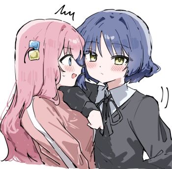 2girls ^^^ black_ribbon black_sweater_vest blue_eyes blue_hair blush bocchi_the_rock! breasts collared_shirt commentary_request cube_hair_ornament embarrassed gotoh_hitori hair_between_eyes hair_ornament hairclip jacket large_breasts long_hair long_sleeves looking_at_another mesugakisaikou multiple_girls neck_ribbon one_side_up open_mouth pink_hair pink_jacket pink_track_suit ribbon school_uniform shimokitazawa_high_school_uniform shirt short_hair simple_background surprised sweatdrop sweater_vest track_jacket track_suit upper_body vest white_background white_shirt yamada_ryo yellow_eyes yuri