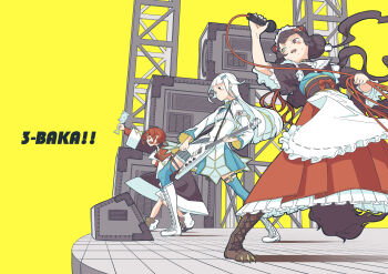 3girls ange_katrina ange_katrina_(1st_costume) animal_hair_ornament ankle_boots apron arm_up armband band_(music) blue_skirt blue_thighhighs blunt_bangs blush_stickers boots breasts brown_boots brown_coat brown_hair brown_kimono brown_sash brown_tail buttons cable cardigan clawed_boots coat collared_shrug commentary_request dog_girl dog_tail double-breasted electric_guitar floating_hair flower frilled_apron frilled_skirt frills grey_skirt group_name guitar hair_flower hair_ornament heterochromia high-waist_skirt highres holding holding_cable holding_guitar holding_instrument holding_microphone holding_rattle hottakarashi instrument inui_toko inui_toko_(1st_costume) japanese_clothes kimono knee_boots lace-up_boots layered_skirt legs_apart legwear_garter lize_helesta lize_helesta_(1st_costume) long_hair long_skirt looking_ahead low_twintails maid_headdress microphone multiple_girls music nijisanji obi obiage obijime off_shoulder open_mouth playing_instrument pleated_skirt pleated_sleeves purple_eyes rattle red_cardigan red_eyes red_hair red_skirt sanbaka_(nijisanji) sash shirt shirt_tucked_in short_hair shrug_(clothing) skirt small_breasts stage standing sweat tail thighhighs truss twintails very_long_hair virtual_youtuber waist_apron white_apron white_boots white_hair white_headdress white_shirt white_shrug white_skirt yellow_background yellow_eyes zettai_ryouiki