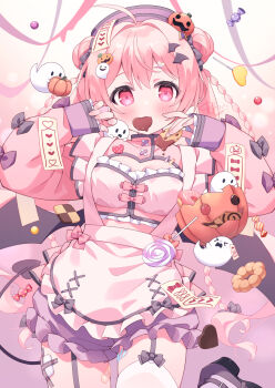 Rule 34 | 1girl, ahoge, apron, black bow, blush, bow, bow legwear, braid, breasts, cleavage, cleavage cutout, closed mouth, clothing cutout, commentary, cowboy shot, double-parted bangs, dress, frilled apron, frilled dress, frills, garter straps, hair between eyes, hair intakes, halloween, hands up, hat, jack-o'-lantern, kano hito, long hair, long sleeves, looking at viewer, medium breasts, original, pink dress, pink eyes, pink hair, purple bow, purple hat, sleeve bow, sleeves past wrists, solo, thighhighs, twin braids, white apron, white thighhighs