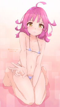 1girl antenna_hair artist_name between_legs bikini blush breasts closed_mouth collarbone embarrassed eyelashes female_focus full_body gradient_background hand_between_legs hand_up highres looking_at_viewer love_live! love_live!_nijigasaki_high_school_idol_club medium_hair micro_bikini navel petite pink_background pink_hair purple_bikini seiza simple_background sitting small_breasts solo swimsuit tennoji_rina v wavy_mouth yellow_eyes yuzukiaz