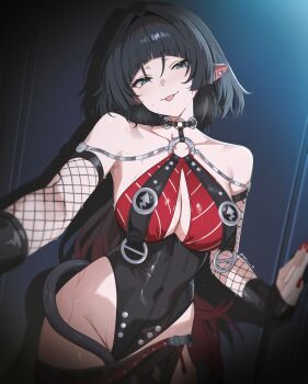 1girl :p absurdres animal_ears bare_shoulders black_hair breasts collarbone commentary covered_navel green_eyes groin highres jane_doe_(nocturne_of_light)_(zenless_zone_zero) jane_doe_(zenless_zone_zero) large_breasts long_hair looking_at_viewer mouse_ears mouse_girl nail_polish nvl official_alternate_costume red_nails smile solo sweat tongue tongue_out very_long_hair zenless_zone_zero