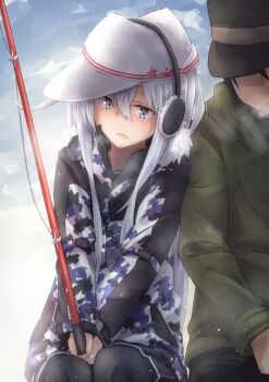 Rule 34 | 1boy, 1girl, admiral (kancolle), black hair, black pantyhose, blue eyes, blush, breath, camouflage, camouflage jacket, cloud, commentary request, day, earmuffs, fishing, fishing rod, flat cap, hair between eyes, hammer and sickle, hat, hibiki (kancolle), highres, holding, holding fishing rod, jacket, kantai collection, kuuru (kuuru-n), long hair, long sleeves, open mouth, outdoors, pantyhose, pleated skirt, school uniform, serafuku, sitting, skirt, sky, snow, verniy (kancolle), verniy (saury festival) (kancolle), white hair