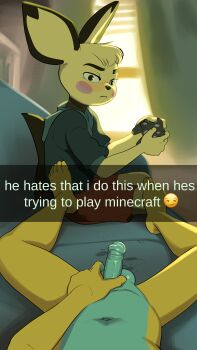 2boys absurdres apis blush clothed_male_nude_male controller dimple dunsparce furry game_controller gen_2_pokemon highres hood hoodie male_focus monster_boy multiple_boys nintendo nude penis pichu pokemon pokemon_(creature) shota tail testicles yaoi