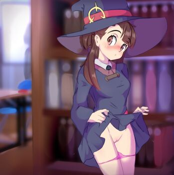 blush chenki_(chenki) cleft_of_venus clothes_lift hat kagari_atsuko library lifting_own_clothes little_witch_academia panties panty_pull pink_panties pussy self_exposure skirt skirt_lift underwear witch_hat