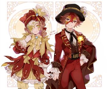2boys androgynous ascot black_hat black_neckerchief blue_gemstone bow bowtie brown_eyes brown_hair brown_vest dress dress_bow drill_hair drill_ponytail edgar_valden edgar_valden_(narcissus) eric_knikki eye_mask frilled_ascot frilled_dress frills gem gloves gold_trim hair_bow half_eye_mask hat hat_feather identity_v jacket jewelry looking_at_viewer male_focus mask multiple_boys neckerchief norton_campbell norton_campbell_(ronald_of_nice) official_alternate_costume pants puffy_pants puffy_sleeves red_bow red_dress red_hat red_jacket red_pants ring shirt short_hair side_cape smile vest white_ascot white_gloves white_shirt yellow_bow yellow_bowtie yellow_eyes