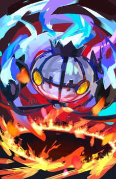 blue_fire chandelier chandelure fire gen_5_pokemon ghost highres looking_at_viewer nintendo no_humans pokemon pokemon_(creature) pokemon_focus purple_fire sayonalatios solo yellow_eyes