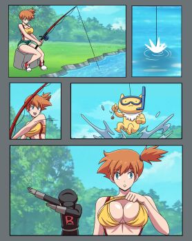 1girl bare_legs bikini breasts chibi cleavage clothes_lift dab_(dance) electrickronos empty_eyes expressionless fishing_rod gen_1_pokemon green_eyes hat highres hypno hypnosis imminent_penetration large_breasts legs midriff mind_control misty_(pokemon) nintendo orange_hair pokemon pokemon_(anime) pokemon_(classic_anime) pokemon_rgby scuba_mask shirt_lift shorts side_ponytail snorkel suspenders swimsuit team_rocket team_rocket_grunt undressing