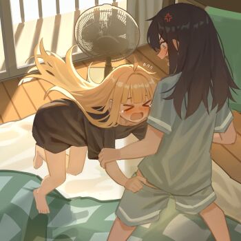 >_< 2girls ahoge anger_vein black_hair black_shirt blonde_hair blue_shirt blue_shorts cho_kaguya-hime! closed_eyes commentary_request electric_fan futon green_eyes indoors kaguya_(cho_kaguya-hime!) long_hair milktea_(gggrrr2000) multiple_girls open_mouth pajamas sakayori_iroha shirt short_sleeves shorts undressing_another yuri