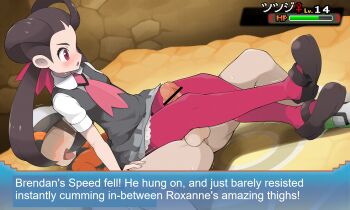 1boy 1girl bar_censor beanie blush bottomless brendan_(pokemon) brown_footwear brown_hair censored character_name collared_shirt dialogue_box dress erection frills grey_dress gym_leader hair_rings hat health_bar highres indoors kim_da-yoon long_hair necktie nintendo no_eyes open_mouth pantyhose penis pokemon pokemon_gym pokemon_oras precum purple_pantyhose roxanne_(pokemon) shirt shoes spread_legs sweatdrop testicles thigh_sex translated trembling twintails venus_symbol white_shirt