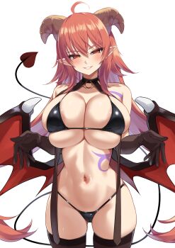 1girl ahoge areola_slip astaroth_(mon-musu_quest!) bare_shoulders bikini black_bikini black_thighhighs blush breasts brown_gloves commentary_request demon_girl demon_horns demon_tail demon_wings gloves gluteal_fold hair_between_eyes highres horns large_breasts long_hair low_wings micro_bikini momendoufu mon-musu_quest! pointy_ears red_eyes red_hair simple_background skindentation smile solo standing stomach_tattoo swimsuit tail tattoo thighhighs tight_clothes wings