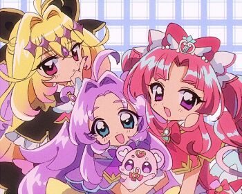 Rule 34 | 1990s (style), 3girls, :d, ahoge, akechi anna, antenna hair, blonde hair, blue eyes, bow, commentary, cure answer, cure arcana shadow, cure mystique, fairy, faux retro artstyle, hair bow, hair intakes, kobayashi mikuru, long hair, looking at viewer, magical girl, meitantei precure!, mizumi (mizmi), moria luluka, multiple girls, open mouth, pink eyes, pink hair, pochi-tan, precure, retro artstyle, smile