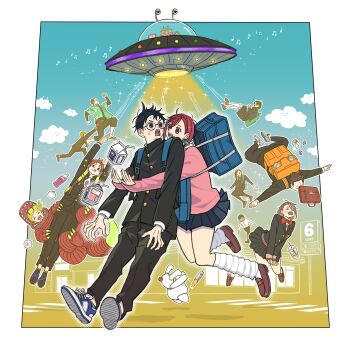 5boys 6+girls absurdres alien antennae arms_up ayase_momo backpack bag beamed_eighth_notes black_hair black_jacket black_pants blonde_hair blue_skirt blue_sky blush border bottle bow bowtie brown_eyes brown_hair brown_shoes cat chiquitita cloud cloudy_sky commentary_request dandadan drink_carton drinking_straw earrings eighth_note enjoji_jin floating flying_saucer food full_body gakuran glasses green_shirt hair_behind_ear highres jacket jewelry juice_box juice_carton k_ysd001 kami_high_school_uniform kazama_raiya leaning_on_person long_hair long_sleeves looking_at_another loose_socks maneki-neko milk_carton miniskirt mr._mantis_shrimp multiple_boys multiple_girls musical_note nervous_sweating open_clothes open_mouth open_shirt outside_border outstretched_arms pants pink_hair pink_sweater pleated_skirt puckered_lips quarter_note red_bow red_bowtie red_hair round_eyewear sakata_kinta sandals sawaki_rin school_bag school_uniform serpo_(dandadan) shiratori_aira_(dandadan) shirt shoes short_hair skirt sky sleeves_past_wrists sneakers socks spacecraft sparkle sweat sweater takakura_ken_(dandadan) tractor_beam turbo_granny_(dandadan) ufo vamola_(dandadan) white_border white_socks yukishiro_kouki zuma_unji