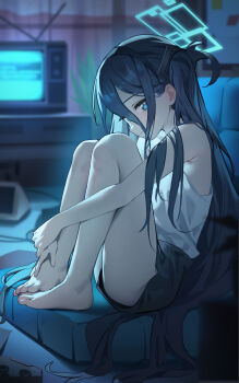 1girl absurdres aris_(blue_archive) bare_arms bare_legs barefoot black_hair black_shorts blue_archive blue_eyes blue_halo blurry blurry_background camisole closed_mouth commentary controller crt feet from_side game_controller hair_between_eyes hair_ornament halo highres hugging_own_legs indoors knees_up loli long_hair long_hair_between_eyes looking_at_viewer profile qianyuu_(senba) short_shorts shorts sitting smile solo television toes very_long_hair white_camisole