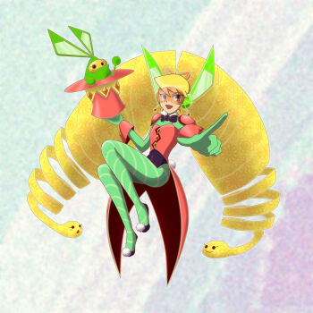 2girls animal_ears black_bow black_bowtie blonde_hair bow bowtie commentary_request drill_hair em_wave_change_(mega_man) green_pantyhose hair_bow karasu-man leotard long_hair luna_platz_(mega_man) mega_man_(series) mega_man_star_force_(series) multiple_girls open_mouth pantyhose rabbit_ears rabbit_tail smile striped_clothes striped_pantyhose tail tinted_eyewear twin_drills very_long_hair vogue_(mega_man)