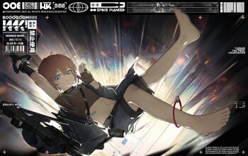 1boy absurdres ahoge androgynous anklet arm_up bandaid barefoot blue_eyes blue_shorts character_request closed_mouth commentary commission copyright_request cropped_shirt dorgar english_commentary feet fingerless_gloves full_body gloves gun h&amp;k_mp7 hair_between_eyes highres holding jewelry knees_together_feet_apart legs looking_at_viewer male_focus navel nipples see-through_clothes see-through_shirt shirt short_hair shorts smile solo stomach submachine_gun toes weapon