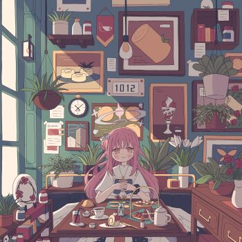 1girl akashia_(akasia313) analog_clock angel_wings black_scrunchie blue_archive bottle cake capelet checkerboard_cookie clock cookie cross cup cupcake dress drinking_straw feathered_wings flower food fork gradient_halo hair_bun hair_flower hair_ornament halo hanging_light hanging_plant highres interior interlocked_fingers juice knife lantern leaf light_rays long_hair looking_at_viewer mika_(blue_archive) multicolored_halo picture_frame pin pink_hair plant plate potted_plant red_flower red_rose rose saucer scrunchie single_side_bun sitting smile solo spoon sunbeam sunlight swiss_roll tea teacup tiered_tray upper_body vase white_capelet white_dress white_flower white_wings window wings wrist_scrunchie yellow_eyes yellow_flower