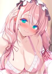Rule 34 | 1girl, absurdres, aqua eyes, azur lane, bare shoulders, blue eyes, blush, bra, breasts, cleavage, closed mouth, collarbone, ear blush, frilled headwear, highres, lace, lace-trimmed bra, lace trim, large breasts, lingerie, long hair, looking at viewer, low twintails, navel, origami aya, pink bra, pink hair, reaching, reaching towards viewer, selfie, signature, smile, solo, spread legs, theseus (azur lane), twintails, underwear, upper body