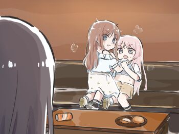 3girls bang_dream! bang_dream!_it&#039;s_mygo!!!!! bite_mark bite_mark_on_shoulder black_hair blue_eyes brown_hair can chihaya_anon commentary fang grey_eyes highres jewelry long_hair lyy messy_hair multiple_girls nagasaki_soyo necklace open_mouth pink_hair shiina_taki sidelocks symbol-only_commentary undressing_another yuri