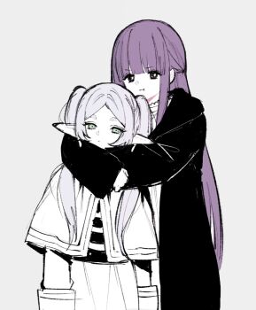 Rule 34 | 2girls, arms around neck, black robe, capelet, earrings, elf, fern (sousou no frieren), frieren, green eyes, grey background, grey hair, hair over shoulder, half updo, hime cut, hug, hug from behind, jacket, jewelry, long hair, multiple girls, parted bangs, pointy ears, pout, purple hair, robe, shirt, sidelocks, skirt, sousou no frieren, straight hair, striped clothes, striped shirt, thick eyebrows, ting, twintails, upper body, white capelet, white jacket, white skirt