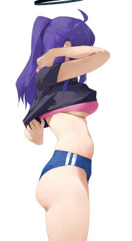 1girl absurdres adjusting_bra adjusting_clothes ahoge ass black_shirt blue_archive blue_buruma bra breasts buruma clothes_lift dokshuri from_side halo highres large_breasts long_hair mechanical_halo navel official_alternate_costume pink_bra purple_hair shirt shirt_lift simple_background solo stomach thighs underwear white_background yuuka_(blue_archive) yuuka_(track)_(blue_archive)