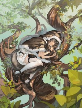 Rule 34 | 1girl, arknights, between legs, black shoes, bracelet, brown capelet, brown hair, capelet, closed eyes, day, dress, ears through hood, fetal position, flower basket, full body, fur-trimmed capelet, fur-trimmed hood, fur trim, highres, honeyberry (arknights), hood, hood up, hooded capelet, infection monitor (arknights), jewelry, kasumi yuzuha, long hair, lying, multicolored hair, on side, on tree, outdoors, parted lips, possum ears, possum girl, possum tail, pouch, shoes, short dress, sleeping, solo, streaked hair, tail, tail between legs, thigh pouch, thigh strap, thighhighs, tree, white dress, white hair, white thighhighs, zettai ryouiki