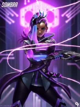 &gt;:) 1girl animated animated_gif artist_name asymmetrical_hair belt black_hair black_pants blue_hair blurry character_name closed_mouth contrapposto cowboy_shot dark-skinned_female dark_skin depth_of_field earrings elbow_pads eyelashes eyeshadow female_focus finger_on_trigger gloves glowing hand_up hexagon high_collar holding holding_weapon jewelry legs_apart liang_xing light_particles lipstick looking_at_viewer makeup mole mole_under_eye multicolored_hair overwatch overwatch_1 pants purple_eyes purple_hair purple_lips short_sleeves sidecut skull_print smile solo sombra_(overwatch) standing two-tone_hair undercut v-shaped_eyebrows watermark weapon web_address