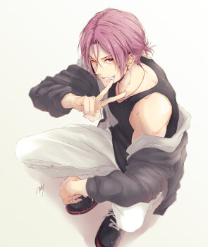 Rule 34 | 1boy, absurdres, arm up, black shirt, black shoes, commentary request, free!, full body, grey jacket, grin, highres, invisible chair, jacket, jewelry, long sleeves, male focus, matsuoka rin, necklace, one eye closed, pants, parted hair, ponytail, purple hair, red eyes, shirt, shoes, short ponytail, sitting, smile, solo, tank top, teeth, tsuiri siroiro, v, white pants