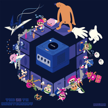 adobe_illustrator_(medium) animal_crossing antlers arwing atyuriko baseball baseball_bat baseball_cap belt boo_(mario) butterfly_net crazy_hand crossover english_text f.l.u.d.d. facial_hair flying_sweatdrops furry furry_female game_console gamecube green_headwear hand_net hat helmet highres holding holding_baseball_bat holding_butterfly_net horns jikkyou_powerful_pro_yakyuu kirby kirby_(series) krystal link luigi luigi&#039;s_mansion mario mario_(series) master_hand metroid metroid_(creature) metroid_larva multiple_crossover mustache net nintendo one_piece pikmin_(creature) pikmin_(series) pink_shorts poltergust_3000 power_suit_(metroid) samus_aran shorts smile sonic_(series) star_fox super_mario_sunshine super_smash_bros. the_king_of_red_lions the_legend_of_zelda the_legend_of_zelda:_the_wind_waker tony_tony_chopper toon_link treasure_chest varia_suit viewtiful_joe viewtiful_joe_(character) villager_(animal_crossing) water_drop