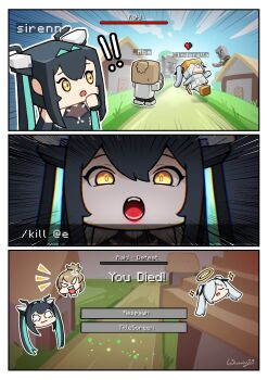 abe_(nikke) accessories anger_vein angry armpit_cutout black_hair blonde_hair bodysuit cinderella_(nikke) clothing_cutout colored_inner_hair command_input dress folded_hair gameplay_mechanics glasses goddess_of_victory:_nikke hair_intakes hair_over_one_eye halo highres holding isometric leg_cutout little_mermaid_(nikke) long_hair minecraft minecraft_(style) multicolored_hair multiple_girls navel old_tales_(nikke) one_eye_covered open_mouth see-through_bodysuit see-through_clothes see-through_dress see-through_skirt shouting skirt smile stomach_cutout sweater turtleneck turtleneck_sweater twintails undreaming very_long_hair white_bodysuit white_hair yellow_eyes