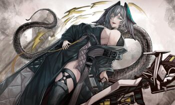 1girl absurdres arknights black_dress breasts commentary dress feathered_wings grey_hair hashtag-only_commentary head_wings highres ho&#039;olheyak_(arknights) ho&#039;olheyak_(ritual_of_immortality)_(arknights) large_breasts long_dress medium_hair red_wann side_slit snake_girl snake_tail solo symbol-only_commentary tail wings