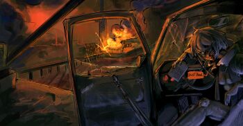 1girl absurdres backlighting birdymp4 black_bodysuit blue_eyes bodysuit breasts bridge broken_glass burning burning_building car car_interior coat color_contrast colored_shadow commentary cyborg disfigured english_commentary english_text explosion exposed_bone exposed_muscle face_in_shadow fiery_background fire glass gun highres holding holding_letter holding_paper horror_(theme) industrial injury lada_(car) leaning_forward left-hand_drive letter looking_at_viewer marie_(peripeteia) medium_breasts missing_eye motor_vehicle open_clothes open_coat orange_theme outdoors painterly paper peripeteia rifle shadow short_hair sitting sketch smoke solo speech_bubble steering_wheel talking teeth trench_coat turning_head upside-down_text weapon