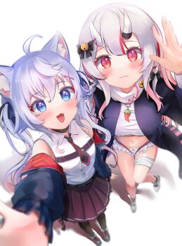 2girls :3 absurdres ahoge animal_ears bare_shoulders bell belt black_belt black_necktie black_ribbon blue_eyes braid chest_sarashi collared_shirt cosplay dot_nose fang frills from_above hair_between_horns hair_ornament highres hololive horns indie_virtual_youtuber kagura_nana kagura_nana_(cosplay) long_hair long_sleeves multicolored_hair multiple_girls nakiri_ayame nakiri_ayame_(cosplay) nakiri_ayame_(streetwear) navel necktie official_alternate_costume oni open_mouth red_eyes red_hair ribbon sarashi shirt simple_background skirt sleeveless sleeveless_shirt twin_braids twintails virtual_youtuber white_hair winexc