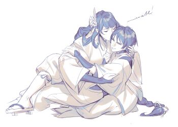 1boy 1girl absurdres aina_(mayexplode) alternate_costume braid closed_eyes full_body genshin_impact geta hand_on_another&#039;s_arm hand_on_another&#039;s_head hand_on_another&#039;s_shoulder hand_up hands_up happy hetero highres hug japanese_clothes jewelry kimono kiss kissing_cheek long_hair long_sleeves low-tied_long_hair monochrome mother_and_son pants raiden_shogun ring scaramouche_(genshin_impact) scaramouche_(kabukimono)_(genshin_impact) short_hair simple_background sitting sitting_on_lap sitting_on_person sketch three-quarter_sleeves smile very_long_hair wide_sleeves