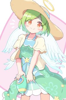 absurdres blue_ribbon blush coat dress floral_print green_dress green_hair halo halterneck hat highres holding holding_water_gun jazz_grace looking_at_viewer multiple_wings official_alternate_costume orange_eyes puyopuyo puyopuyo_quest ribbon roco_(puyopuyo) short_hair sidelocks smile strapless strapless_dress straw_hat sun_hat sundress traditional_halo water_gun wings yellow_coat yellow_halo