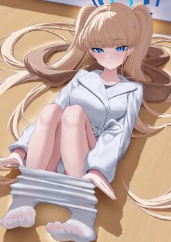 1girl absurdres alternate_costume alternate_hairstyle blonde_hair blue_archive blue_eyes blue_halo clothes_pull expressionless full_body halo highres knees_up long_hair lying maji_(majidesu3) no_shoes on_back on_floor panties pantyhose pantyhose_pull red_scarf scarf solo toes toki_(blue_archive) twintails underwear white_panties white_pantyhose