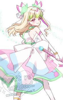 1girl bare_shoulders blonde_hair closed_mouth cure_zukyuun dress elbow_gloves feet_out_of_frame gloves hair_ornament highres hiiragi_syuu holding holding_wand kimi_to_idol_precure long_hair looking_at_viewer looking_back precure smile solo standing strapless strapless_dress wand