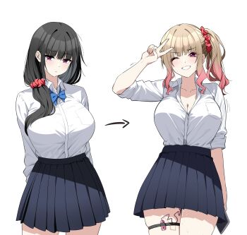 1girl absurdres arm_up arrow_(symbol) before_and_after black_hair black_skirt blonde_hair blue_bow blue_bowtie blush bow bowtie breasts cleavage collarbone commentary egg_vibrator gradient_hair gyaru hair_ornament hair_scrunchie highres holding holding_phone large_breasts long_hair looking_at_viewer low_ponytail mole mole_under_eye multicolored_hair one_eye_closed original phone pink_hair pleated_skirt ponytail red_eyes reia_76 scrunchie sex_toy shirt shirt_tucked_in side_ponytail simple_background skindentation skirt sleeves_rolled_up smile thigh_strap thighs v vibrator vibrator_in_thigh_strap white_background white_shirt