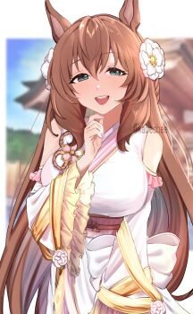 Rule 34 | 1girl, animal ears, bare shoulders, blush, braid, breasts, brown hair, chikabe, commentary request, flower, green eyes, hair between eyes, hair flower, hair ornament, highres, horse ears, horse girl, japanese clothes, kimono, large breasts, long hair, looking at viewer, maruzensky (heavenly maiden of divine speed) (umamusume), maruzensky (umamusume), obi, official alternate costume, open mouth, sash, smile, solo, teeth, umamusume, upper teeth only, very long hair, white kimono, wide sleeves