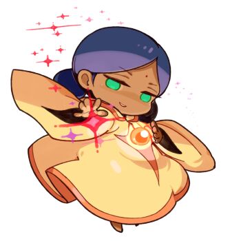 1girl bindi black_hair chibi dark-skinned_female dark_skin double_bun dress full_body green_eyes gundam hair_bun lalah_sune long_hair looking_at_viewer mobile_suit_gundam mota sd_gundam_gaiden simple_background smile solo white_background yellow_dress