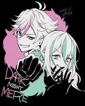 2boys black_background blue_eyes clenched_hand commentary_request gloves grin group_name hair_between_eyes hands_up highres idol_clothes idol_land_pripara long_hair looking_at_viewer male_focus multicolored_hair multiple_boys ooedo_shinya open_mouth partially_colored pink_eyes pink_streaks pretty_series pripara short_hair signature simple_background smile streaked_hair sweatdrop upper_body uruu_akua ushimitsu_(pripara)