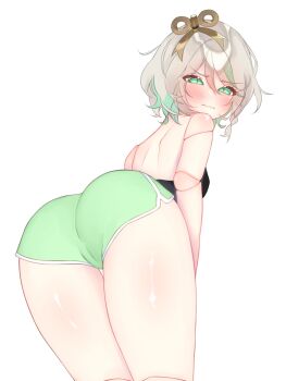 1girl absurdres alternate_costume ass black_shirt blush cameltoe cecilia_immergreen colored_inner_hair commentary cowboy_shot doll doll_joints dolphin_shorts double-parted_bangs embarrassed english_commentary eyebrows_hidden_by_hair from_behind green_eyes green_hair green_shorts grey_hair hair_between_eyes hair_ornament highres hololive hololive_english hoshiiii_art joints looking_at_viewer looking_back multicolored_hair shirt short_hair short_shorts shorts simple_background solo streaked_hair virtual_youtuber white_background winding_key
