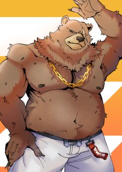 1boy animal_ears arm_up bara bare_pectorals bear_boy bear_ears belly ben_bigger biceps brown_fur chain chain_necklace claws closed_mouth commentary english_commentary fat furry furry_male hampaslumpia hand_on_own_hip highres jewelry looking_at_viewer male_focus navel necklace nipples notched_ear pants pectorals plump scar scar_across_eye scar_on_face smile topless_male white_pants zenless_zone_zero