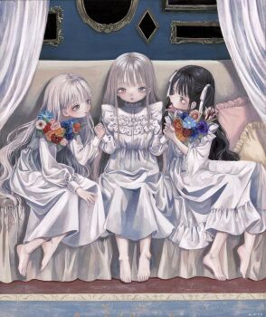 3girls barefoot black_hair brown_hair commentary_request couch curtains dress flower_request frilled_dress frills hair_ribbon highres holding_hands indoors long_dress long_hair monou_pico multiple_girls on_couch original picture_frame ribbon sitting white_dress white_hair