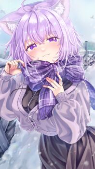 Rule 34 | 1girl, absurdres, ahoge, alternate costume, animal ears, black skirt, blush, bow, breasts, cat ears, cat girl, closed mouth, commentary request, grey sweater, highres, hololive, large breasts, looking at viewer, nekomata okayu, outdoors, plaid clothes, plaid scarf, purple eyes, purple hair, purple scarf, scarf, scarf bow, shiratori (atfs8447), short hair, skirt, smile, solo, sweater, virtual youtuber, watermark