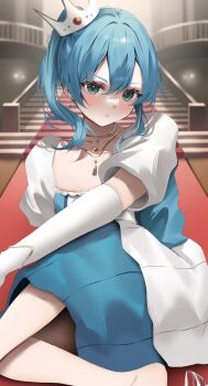 Rule 34 | 1girl, absurdres, bibbidiba (hololive), blue dress, blue eyes, blue hair, blush, closed mouth, commentary request, crown, dress, elbow gloves, gloves, highres, hololive, hoshimachi suisei, looking at viewer, lying, nekoshima kaede, official alternate costume, on side, solo, virtual youtuber, white gloves